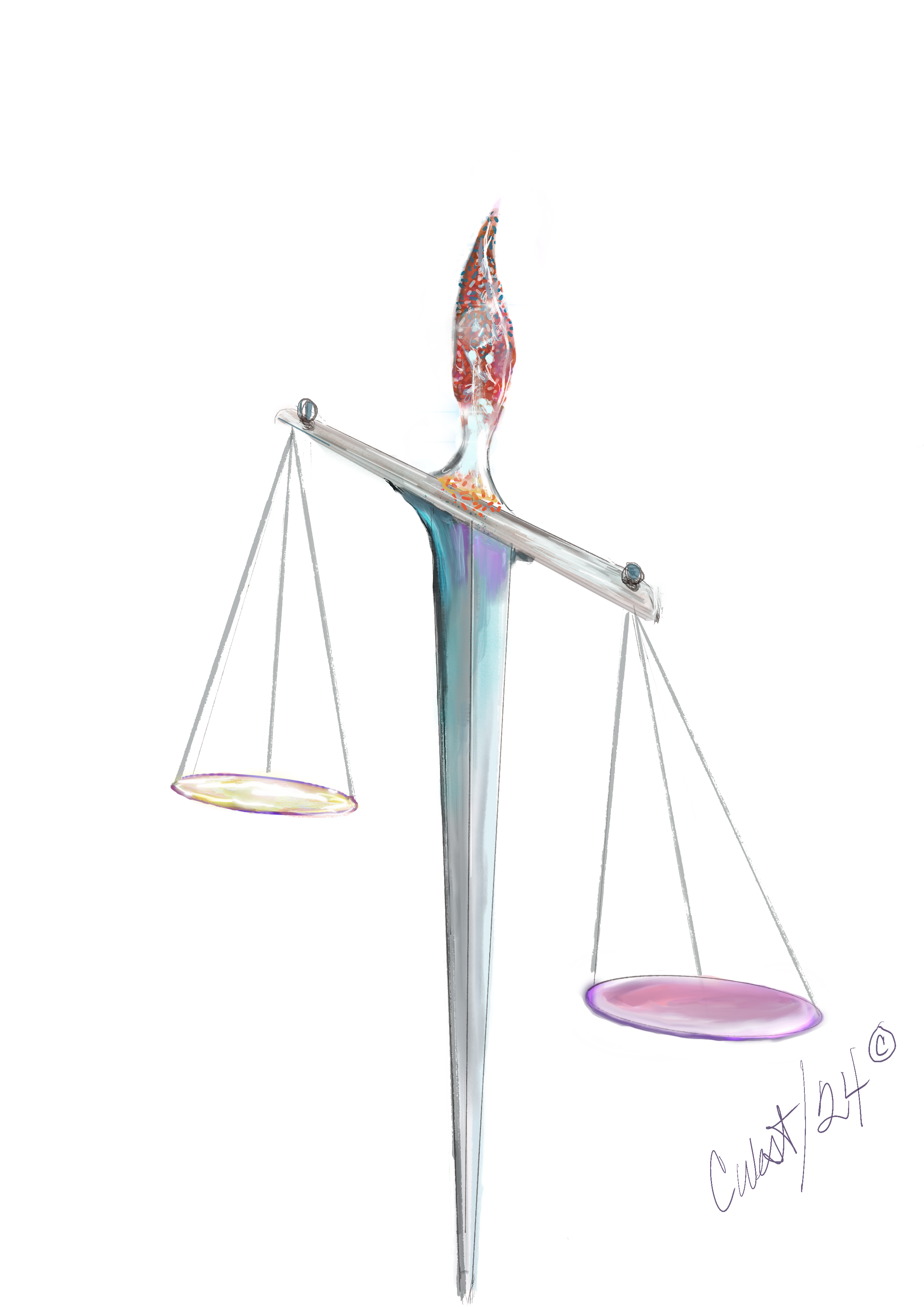 Artistic image of sword point down and the hint of scales of justice suspended from the hilt